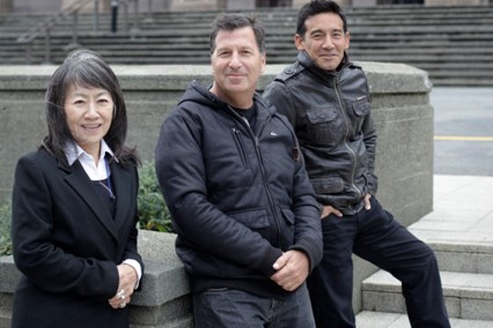 Yoko, Gary, and Eugene were photographed outside Massey University in Wellington.